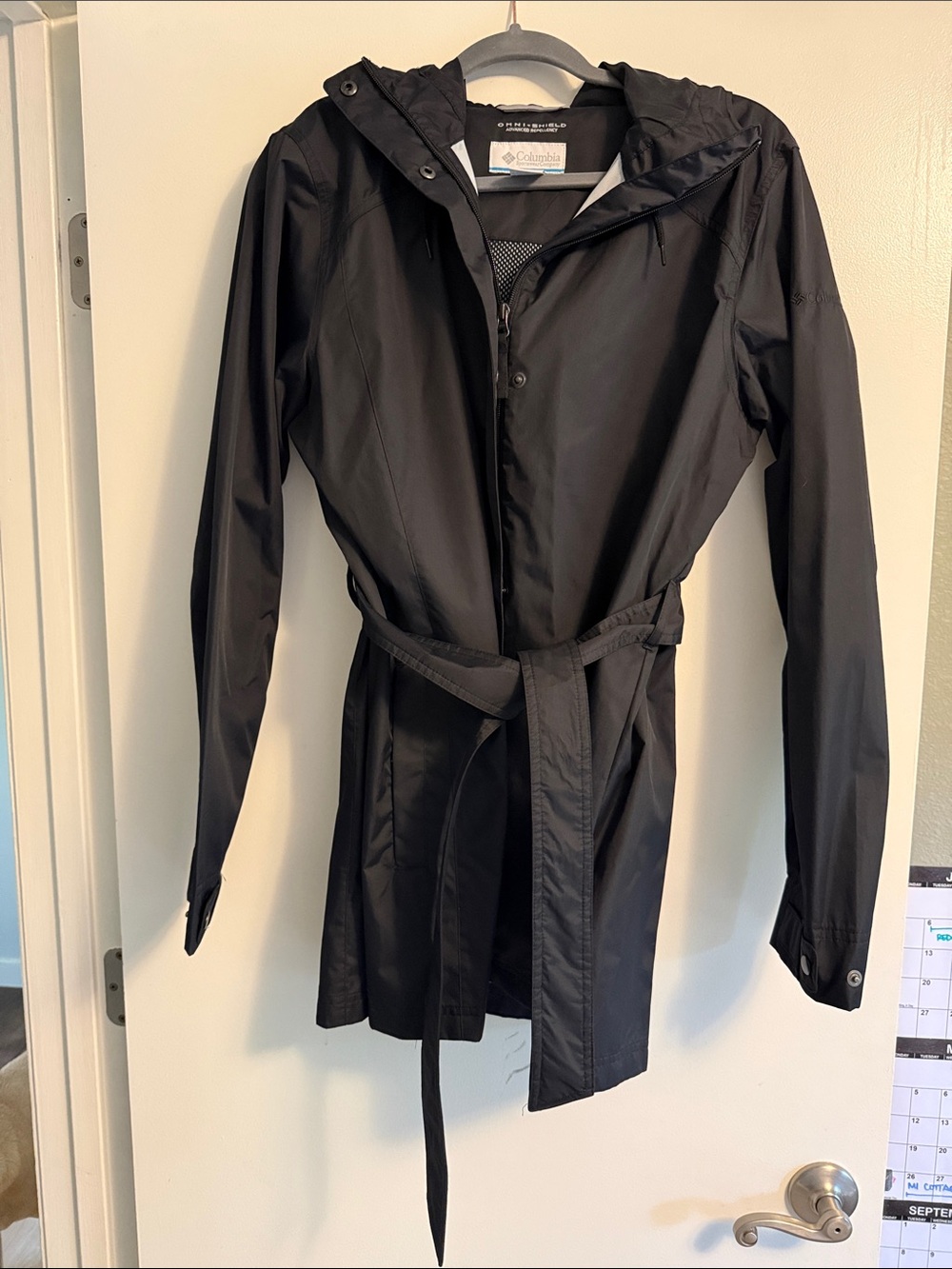 Columbia Black Hooded Trench Coat with Belt